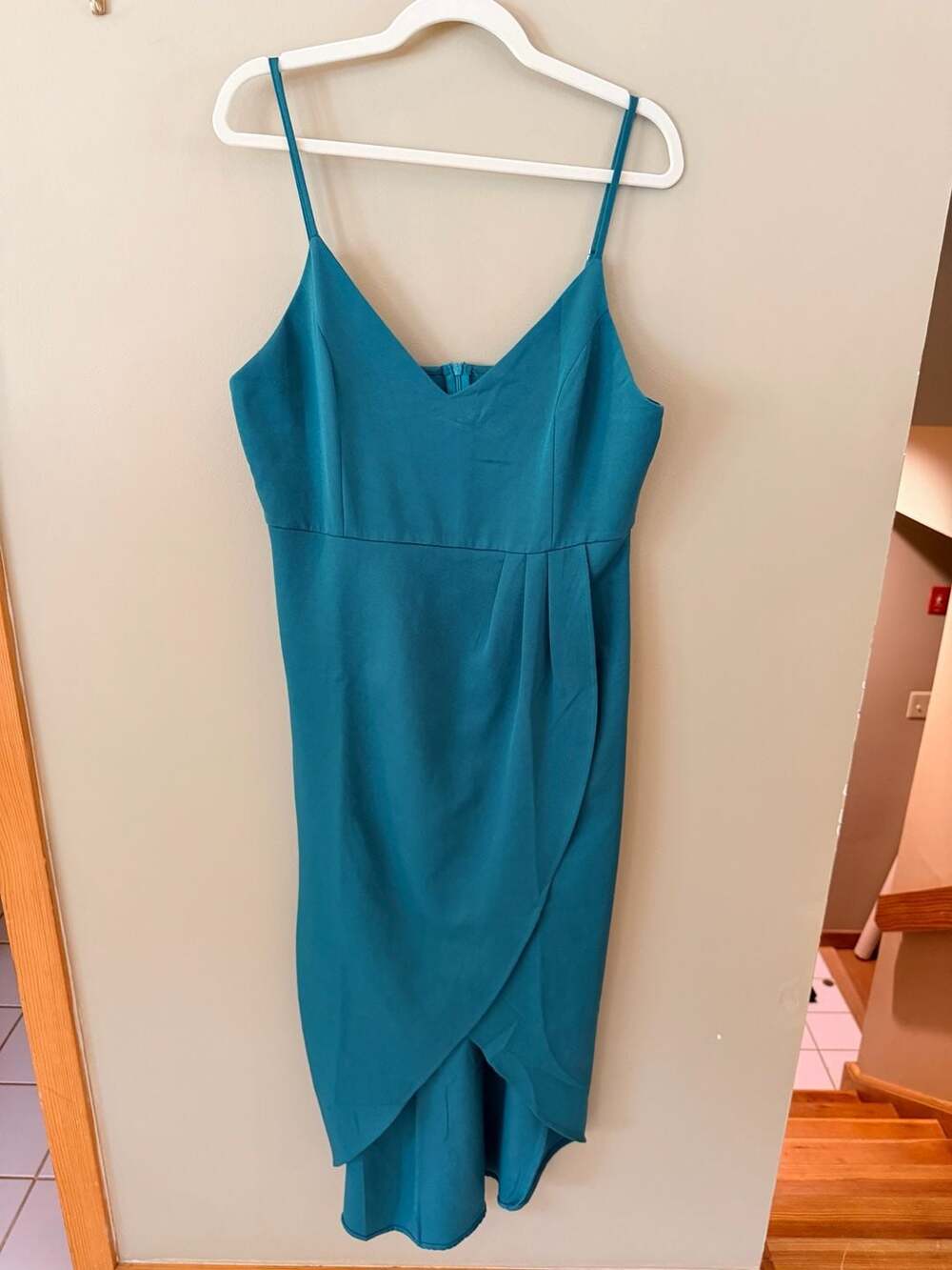 CMZ2005 Teal Spaghetti Strap Deep V-Neck Bodycon Tulip Hem Dress